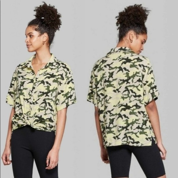 Wild Fable Camo Button Down Tie Front Top (S) - Picture 1 of 4